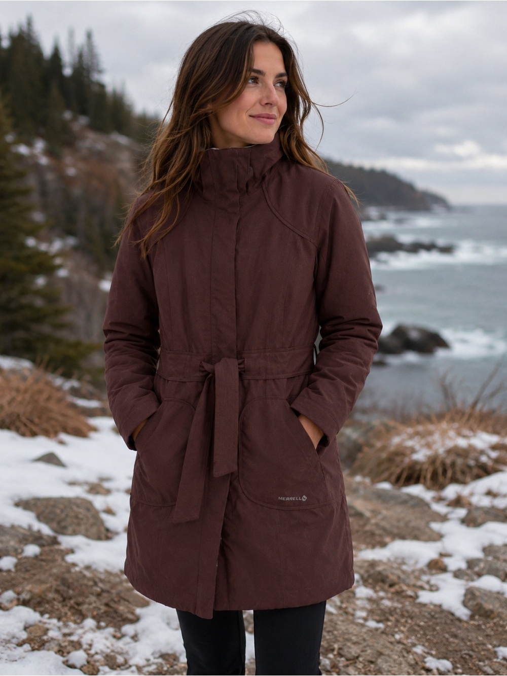 Merrell Opti-Shell Insulated Winter Coat Women’s Medium Brown Belted Parka